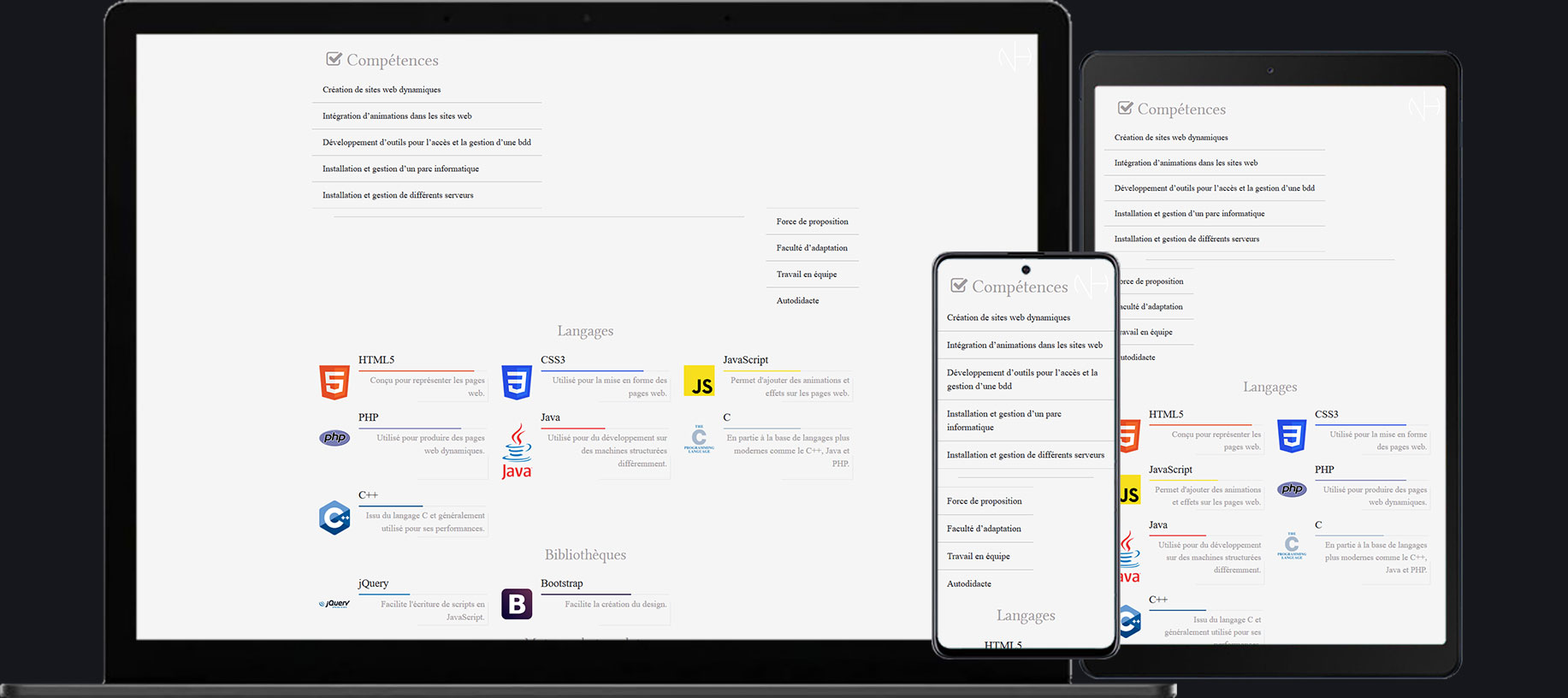 portfolio développeur web full stack responsive liste des compétences
